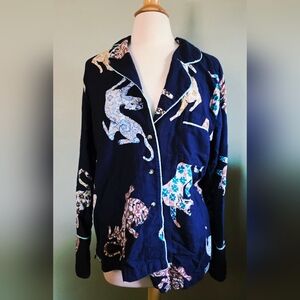 Anthropologie Navy Cat Print Pajama Shirt with Floral Appliqués